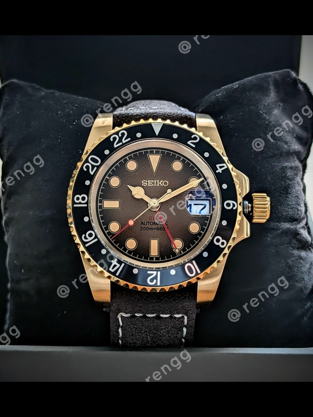 Brown Seiko NH34A Gold-Tone GMT Automatic Mod Watch 40mm Sapphire 24jewels